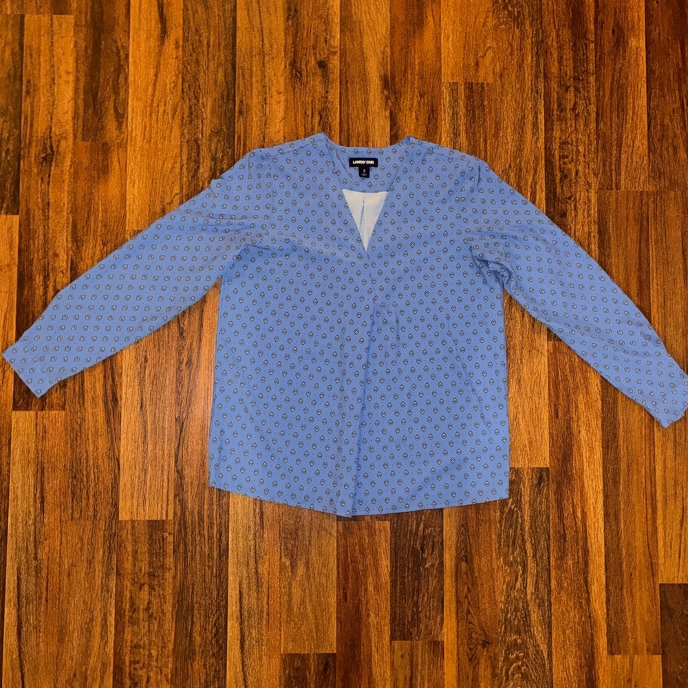Lands End Womens Blue Floral Medallion V-Neck Long Sleeve Blouse Small 6-8